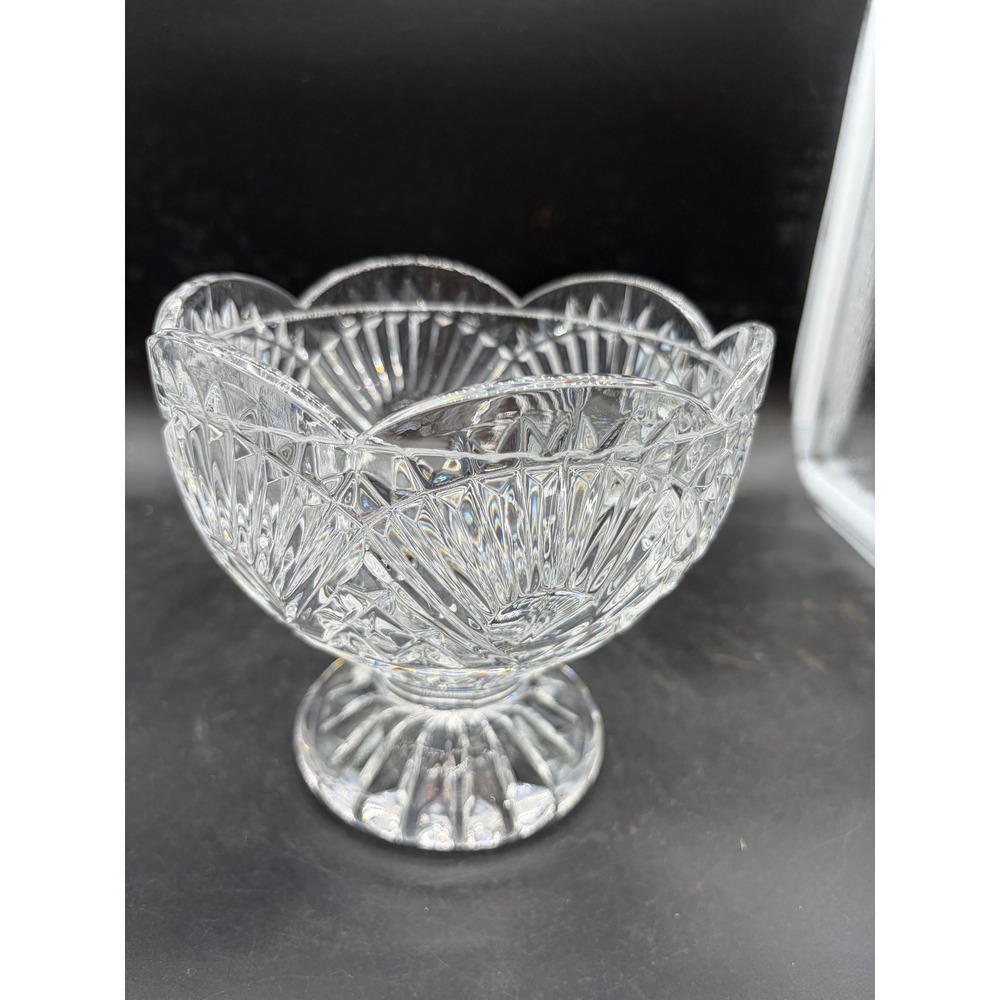 Vintage Cut Crystal Footed Bowl Scalloped Edge Starburst Base Clear Glass